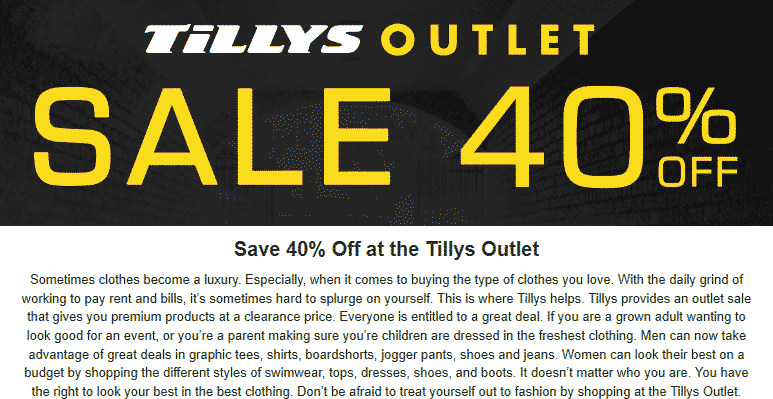 Tillys Outlet Coupon April 2024 Extra 40% off at Tillys Outlet