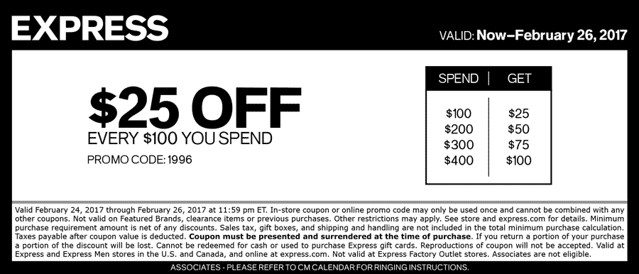 Express Coupon April 2024 $25 off every $100 at Express, or online via promo code 1996