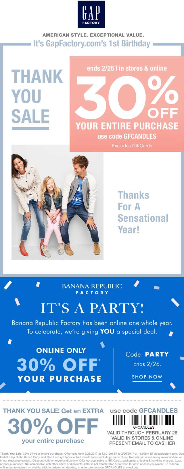 Gap Factory Coupon April 2024 Extra 30% off today at Gap Factory, or online via promo code GFCANDLES