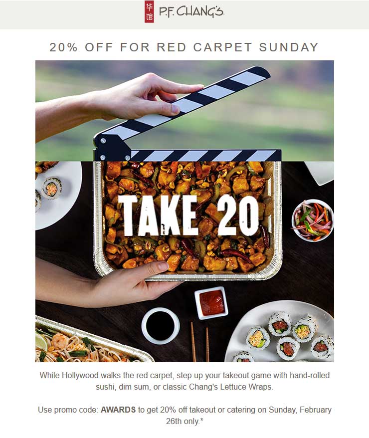 P.F. Changs Coupon April 2024 20% off takeout today at P.F. Changs via promo code AWARDS
