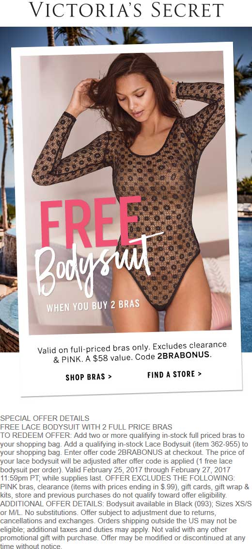 Victorias Secret Coupon April 2024 Free body suit with your bras online at Victorias Secret via promo code 2BRABONUS