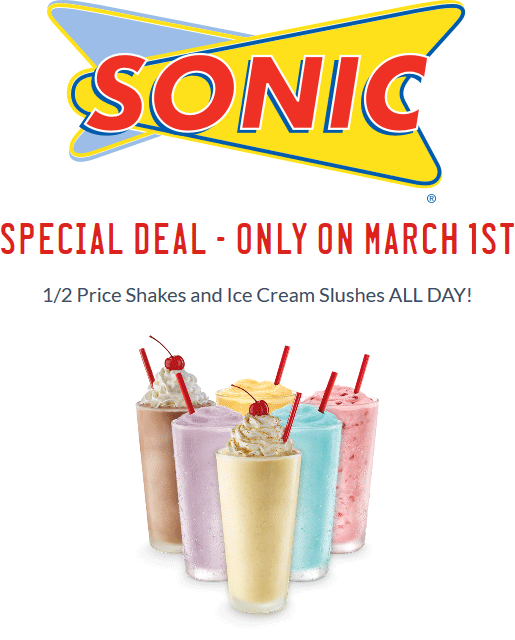 Sonic Drive-In Coupon April 2024 50% off slushes & shakes Wednesday at Sonic Drive-In restaurants
