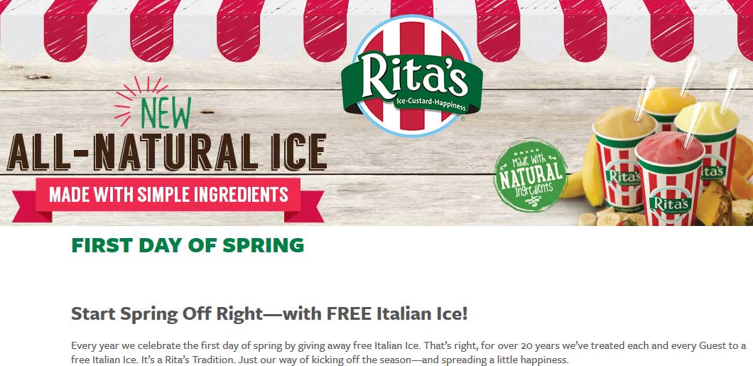 Ritas Coupon March 2024 Free Italian ice the 20th at Ritas