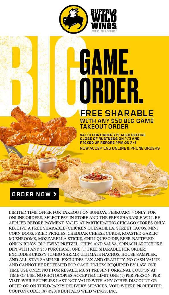 Buffalo Wild Wings Coupon April 2024 Free sharable with $50 big game takeout Sunday at Buffalo Wild Wings