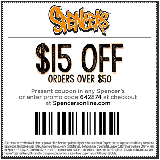 Spencers Coupon April 2024 $15 off $50 at Spencers, or online via promo code 642874