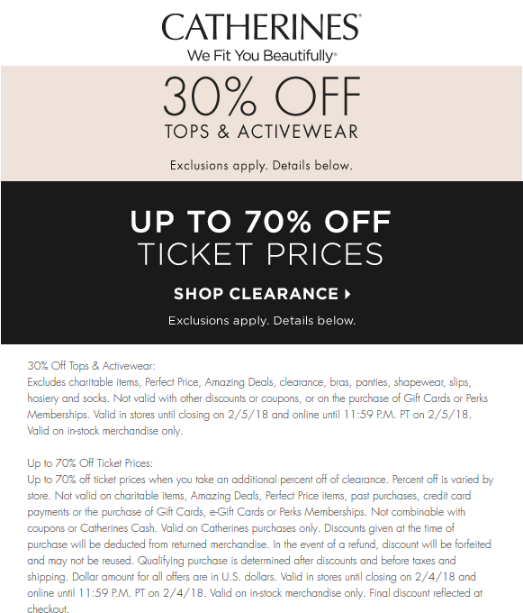 Catherines Coupon April 2024 30% off tops & active at Catherines, ditto online