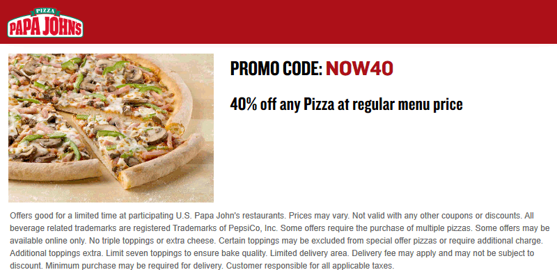 Papa Johns Coupon April 2024 40% off or second pizza free at Papa Johns via promo code NOW40 or BOGO18