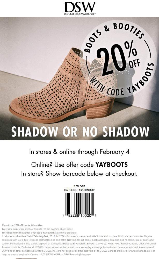 DSW Coupon April 2024 20% off boots today at DSW Shoes, or online via promo code YAYBOOTS