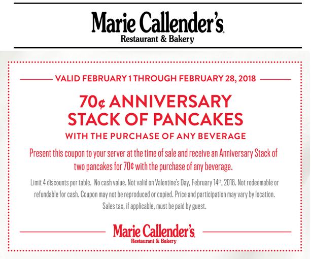 Marie Callenders Coupon April 2024 .70 cent pancakes with your drink all month at Marie Callenders restaurant