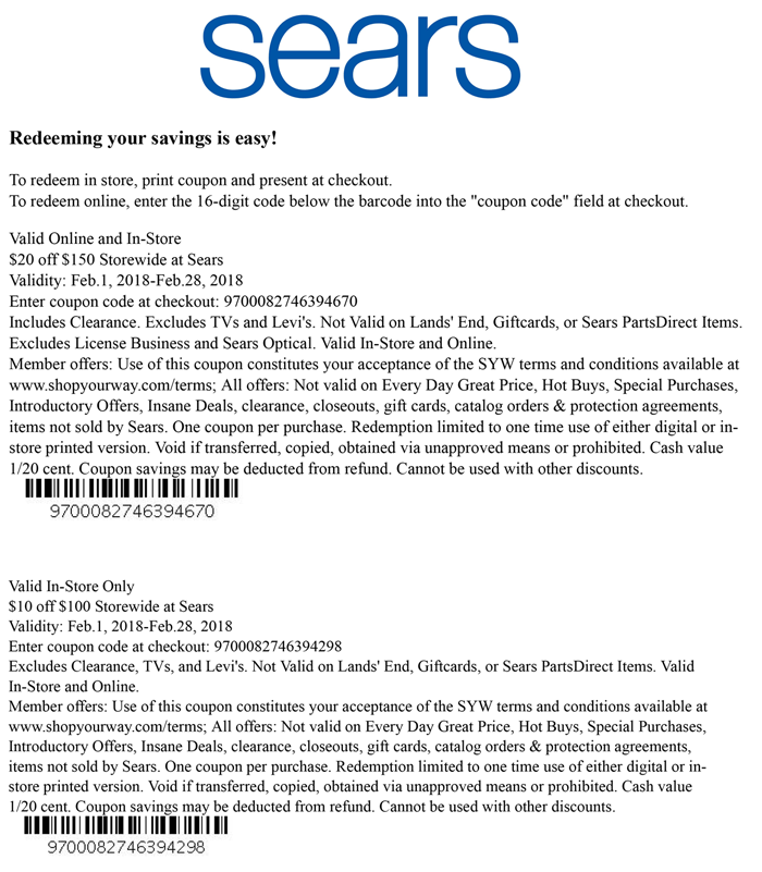 Sears Coupon March 2024 $10 off $100 & more at Sears, or online via promo code 9700082746394298