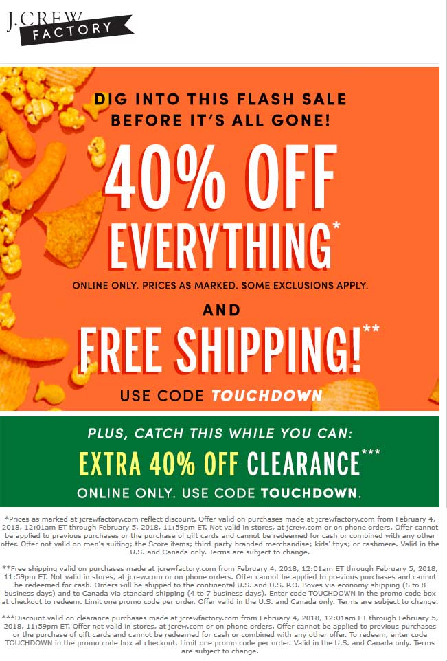 J.Crew Factory Coupon April 2024 40% off everything online today at J.Crew Factory via promo code TOUCHDOWN