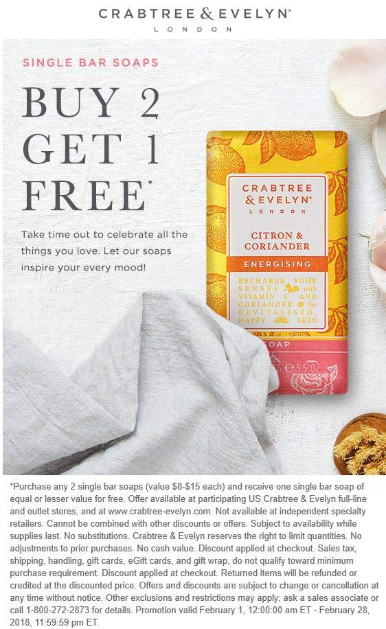 Crabtree & Evelyn Coupon April 2024 3rd soap free at Crabtree & Evelyn, ditto online