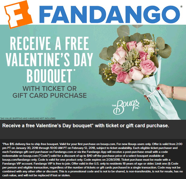 Fandango Coupon April 2024 Free $40 flower bouquet with movie ticket purchase at Fandango