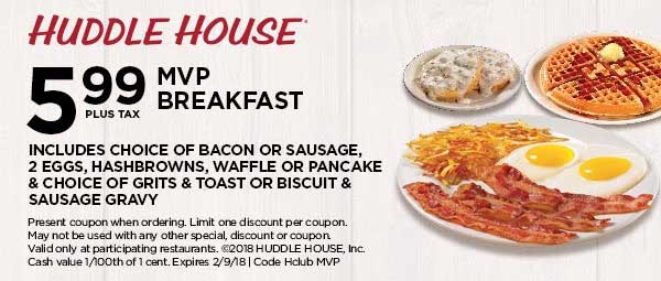 Huddle House Coupon April 2024 2 eggs + bacon or sausage + hash + waffle or pancake + biscut & gravy = $6 at Huddle House restaurants