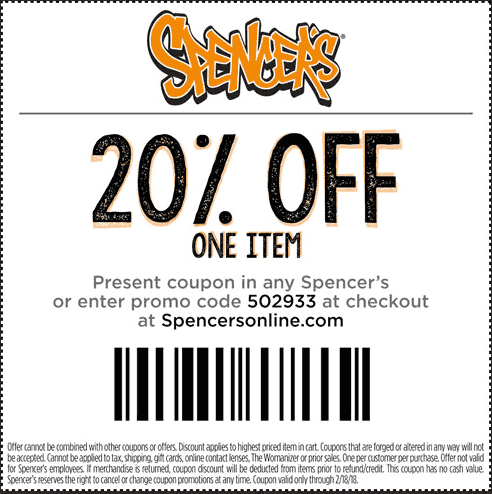 Spencers Coupon April 2024 20% off a single item at Spencers, or online via promo code 502933