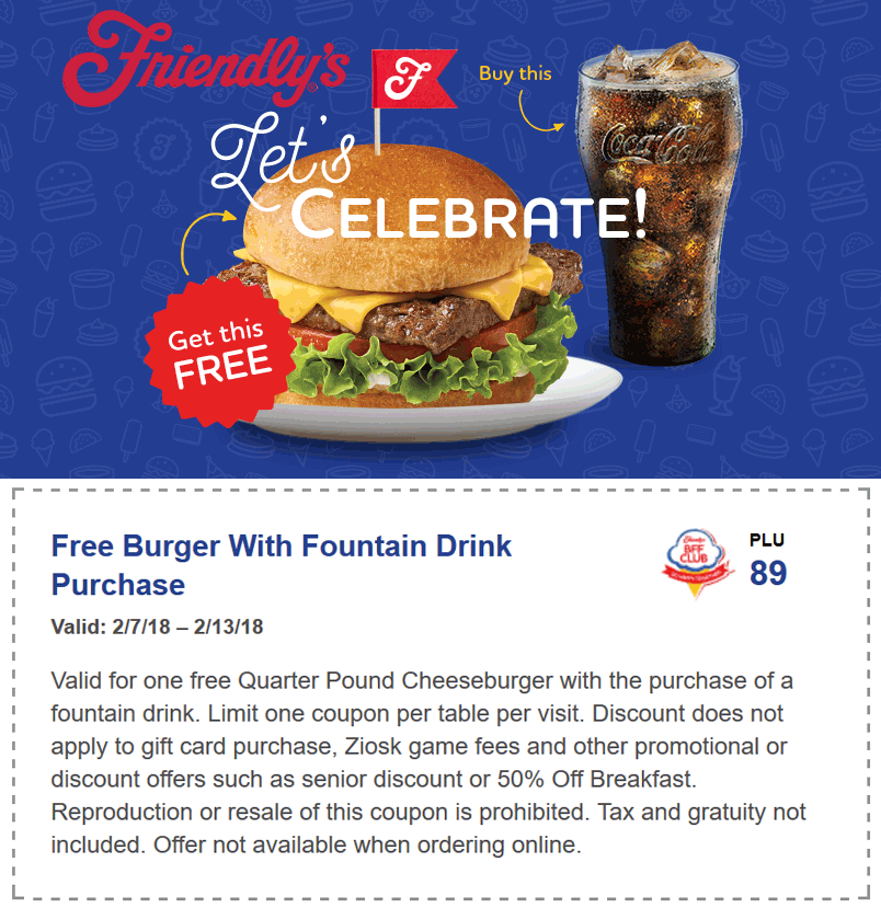 Friendlys Coupon May 2024 Free burger with your drink at Friendlys