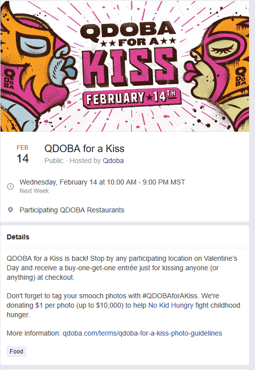 Qdoba Coupon April 2024 Second entree free for a kiss Wednesday at Qdoba