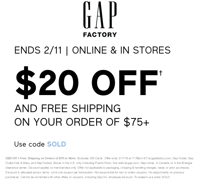Gap Factory Coupon March 2024 $20 off $75 at Gap Factory, or online via promo code SOLD