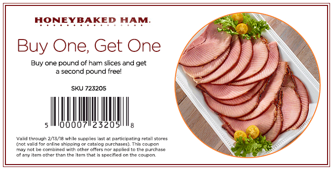 HoneyBaked Coupon April 2024 Second lb of ham slices free at HoneyBaked Ham restaurants