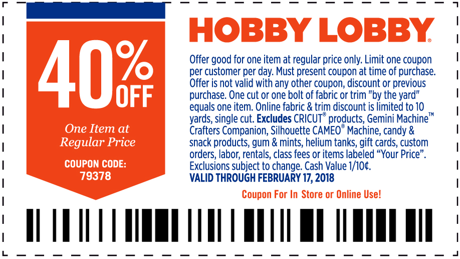 Hobby Lobby Coupon April 2024 40% off a single item at Hobby Lobby, or online via promo code 79378