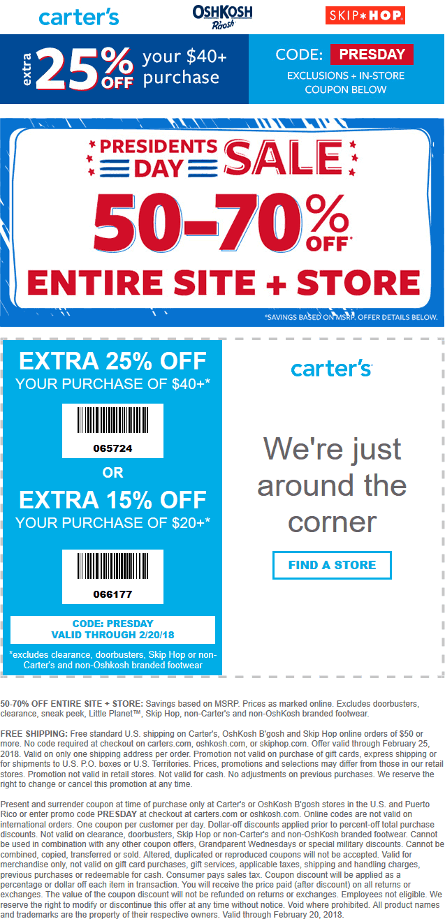 Carters Coupon April 2024 50-70% off everything & more at Carters & OshKosh Bgosh, or online via promo code PRESDAY