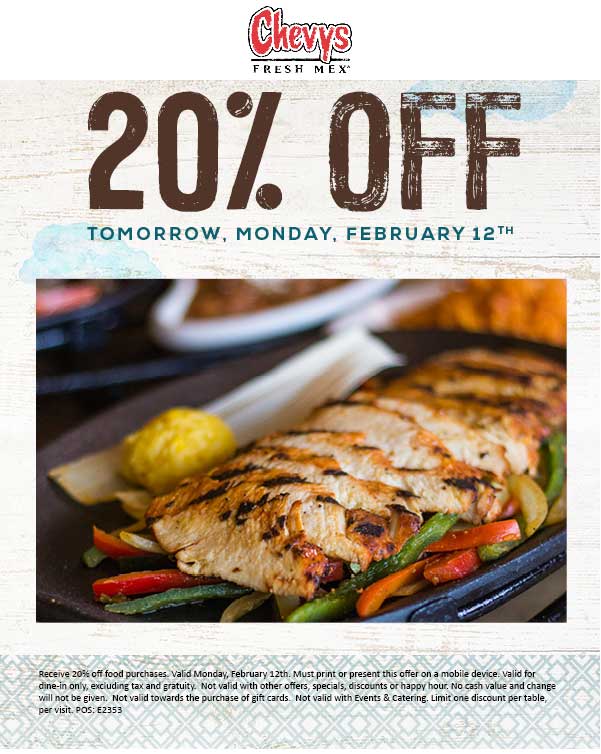Chevys Coupon April 2024 20% off today at Chevys Fresh Mex restaurants