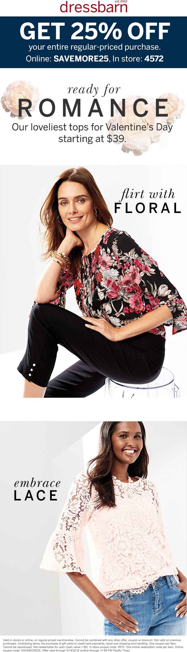 Dressbarn Coupon March 2024 25% off at Dressbarn, or online via promo code SAVEMORE25