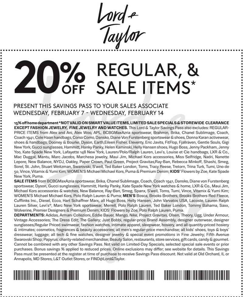 Lord & Taylor Coupon April 2024 20% off at Lord & Taylor, or online via promo code LOVE