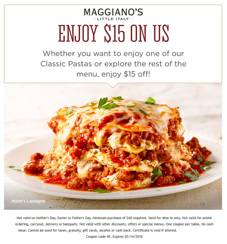 Maggianos Little Italy Coupon April 2024 $15 off $40 at Maggianos Little Italy restaurants