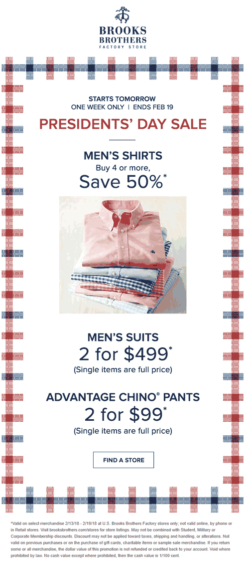 Brooks Brothers Factory Coupon April 2024 50% off 4+ shirts at Brooks Brothers Factory