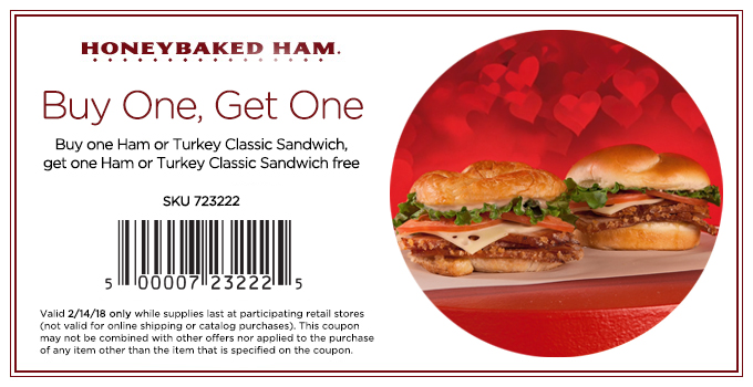 HoneyBaked Coupon April 2024 Second sandwich free today at HoneyBaked Ham restaurants