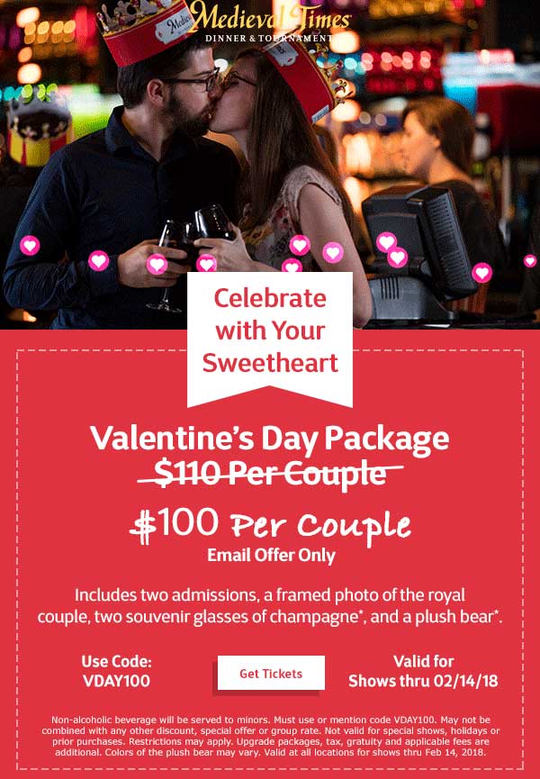 Medieval Times Coupon March 2024 2 show admissions + framed photo + 2 glasses champagne + stuffed bear = $100 today at Medieval Times via promo code VDAY100