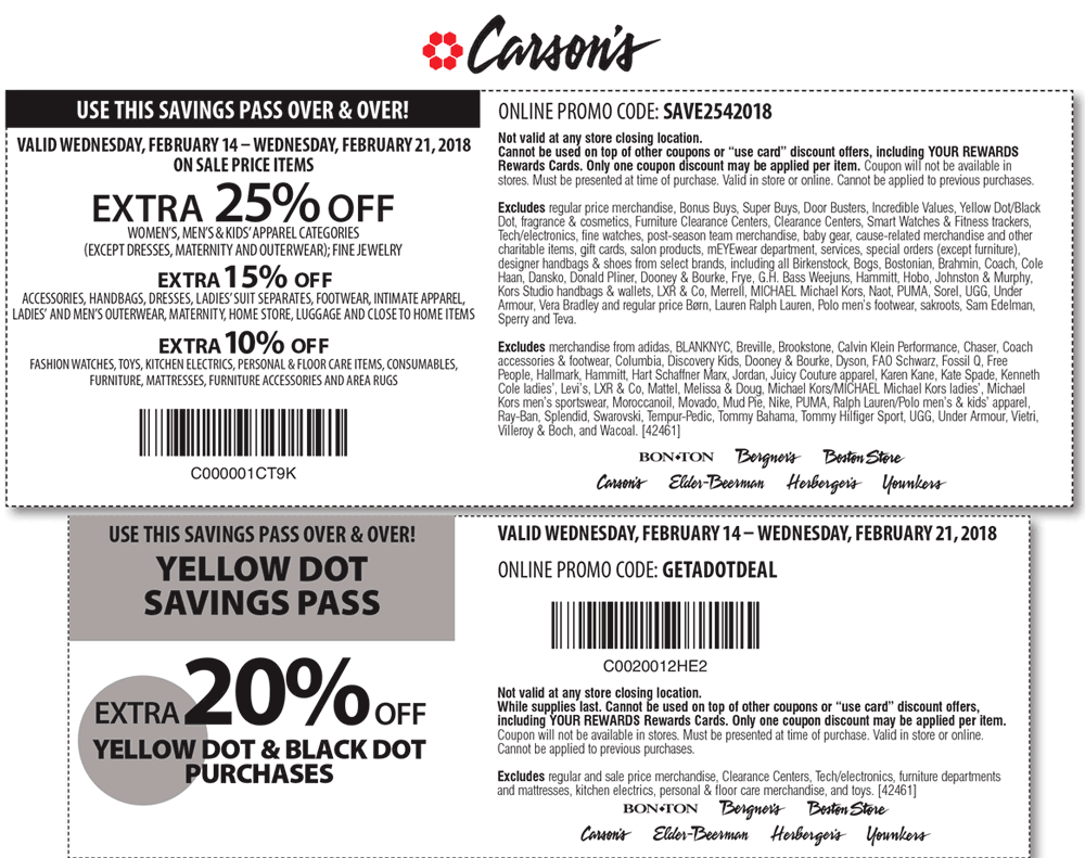 Carsons Coupon April 2024 Extra 25% off at Carsons, Bon Ton & sister stores, or online via promo code SAVE2542018