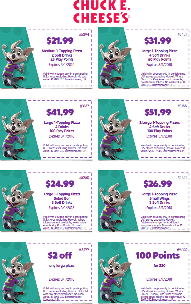 Chuck E. Cheese Coupon April 2024 100 points for $20 & more at Chuck E. Cheese pizza