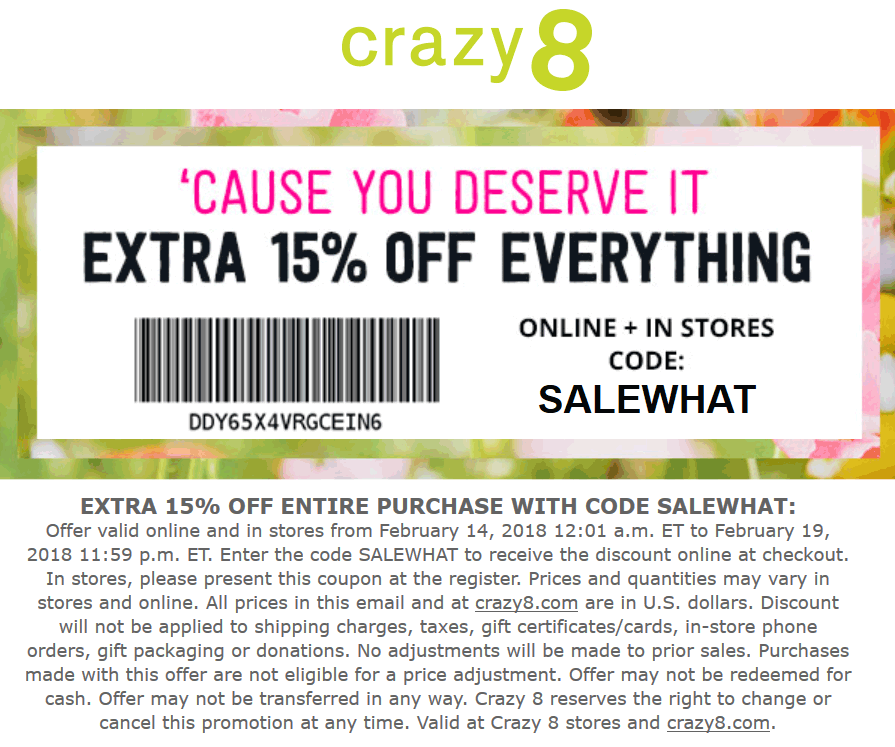 Crazy 8 Coupon March 2024 Extra 15% off at Crazy 8, or online via promo code SALEWHAT