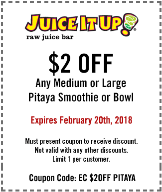 Juice It Up Coupon April 2024 $2 off Pitaya smoothie or bowl at Juice It Up