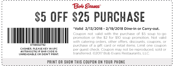 Bob Evans Coupon April 2024 $5 off $25 at Bob Evans restaurants