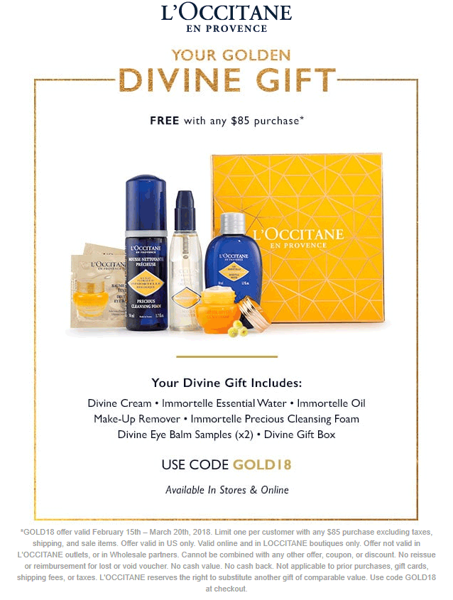 LOccitane Coupon April 2024 8pc kit free with $85 spent at LOccitane, or online via promo code GOLD18