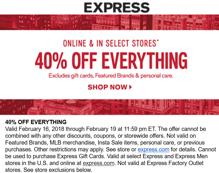 Express Coupon March 2024 40% off everything at Express, ditto online