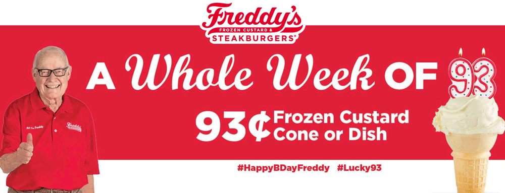 Freddys Coupon April 2024 .93 cent frozen custard at Freddys Steakburgers restaurants