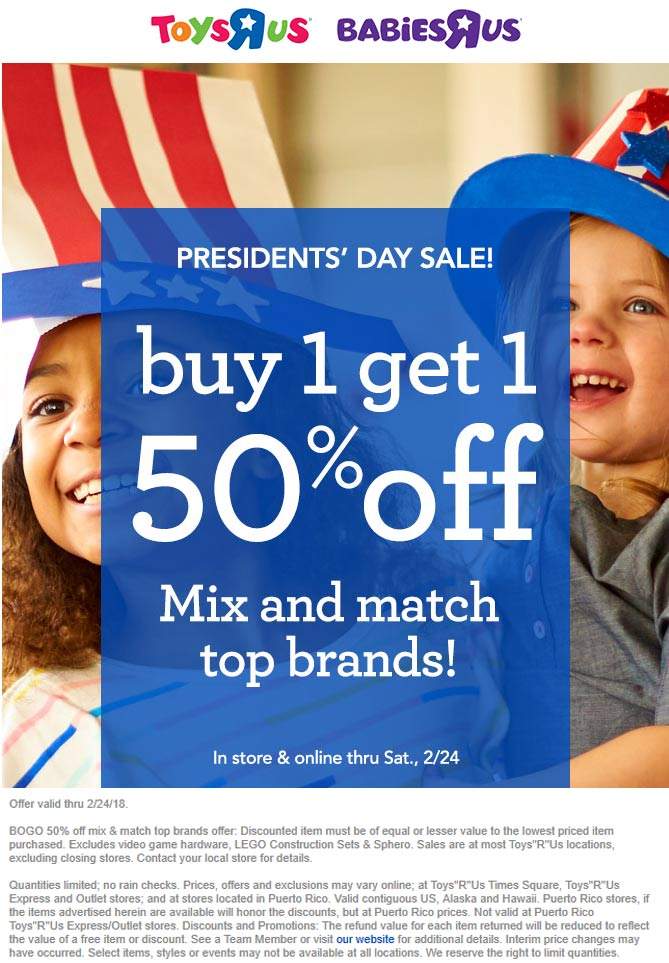 Toys R Us Coupon April 2024 Second item 50% off at Toys R Us, ditto online
