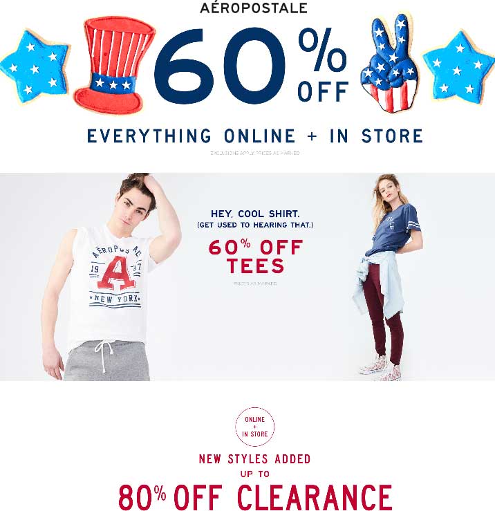 Aeropostale Coupon April 2024 60% off everything at Aeropostale, ditto online