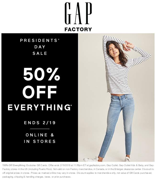 Gap Factory Coupon April 2024 50% off everything today at Gap Factory, ditto online