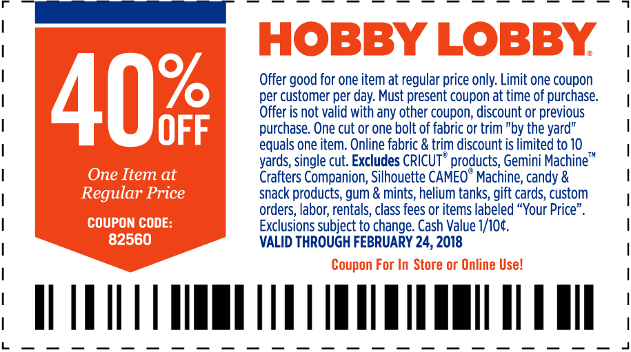 Hobby Lobby Coupon April 2024 40% off a single item at Hobby Lobby, or online via promo code 82560