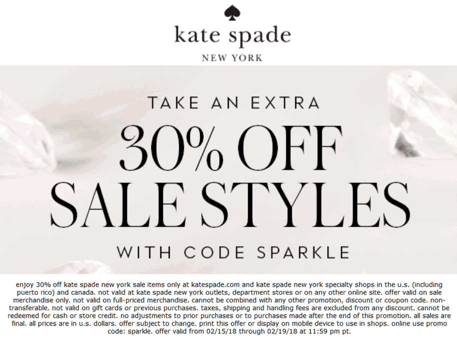 Kate Spade Coupon March 2024 Extra 30% off sale items today at Kate Spade, or online via promo code SPARKLE