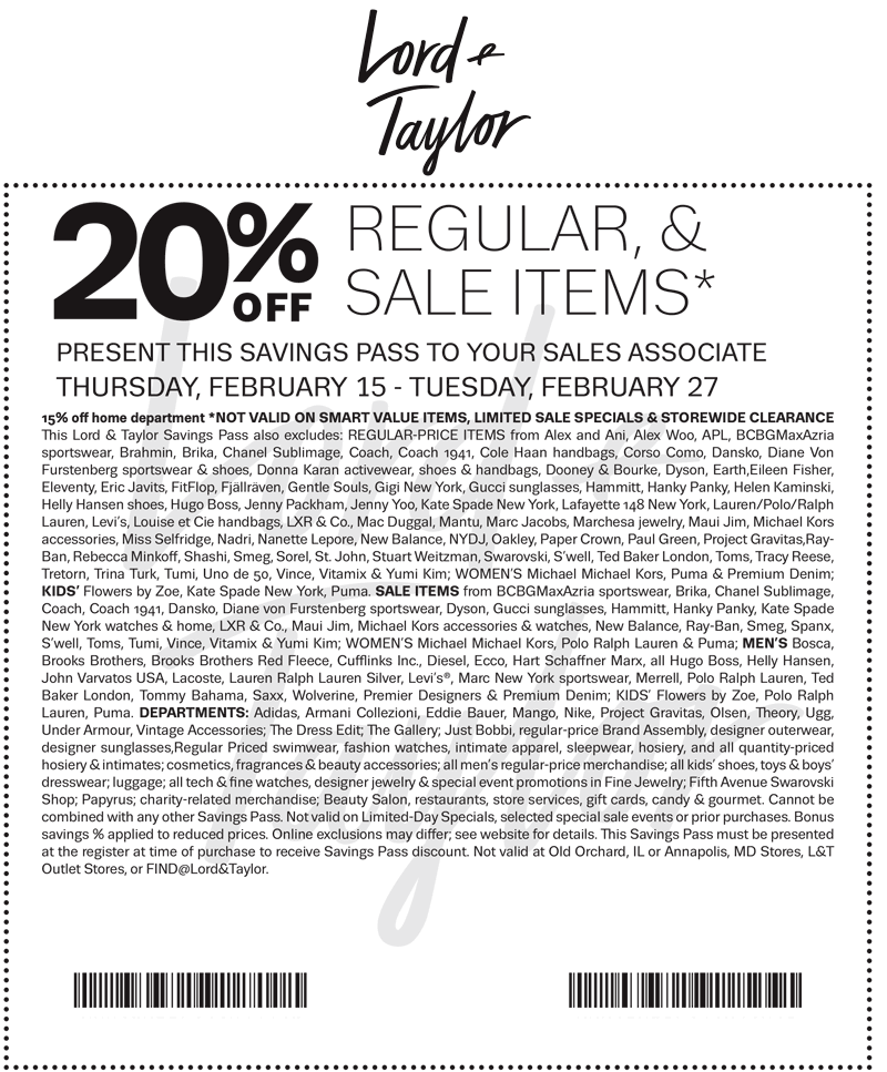 Lord & Taylor Coupon April 2024 20% off at Lord & Taylor, or online via promo code PRESIDENT