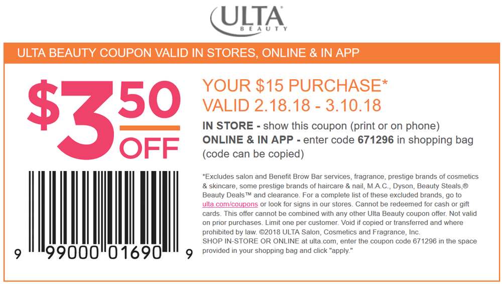 Ulta Beauty Coupon March 2024 $3.50 off $15 at Ulta Beauty, or online via promo code 671296