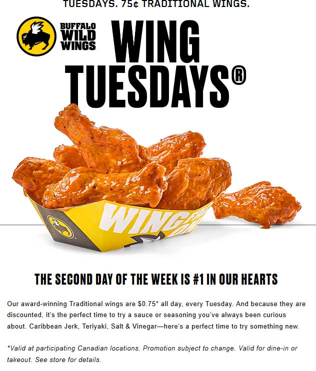 Buffalo Wild Wings Coupon April 2024 .75 cent chicken wings today at Buffalo Wild Wings restaurants