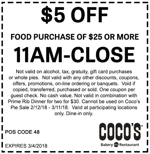 Cocos Coupon March 2024 $5 off $25 at Cocos bakery restaurant