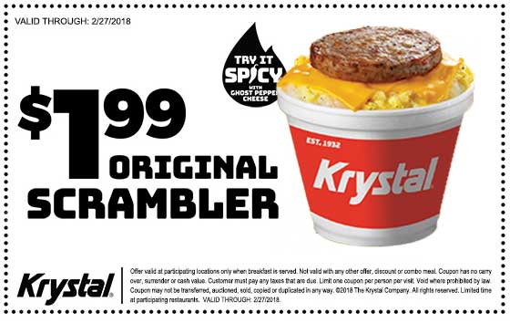 Krystal Coupon April 2024 $2 sausage egg breakfast scrambler at Krystal restaurants